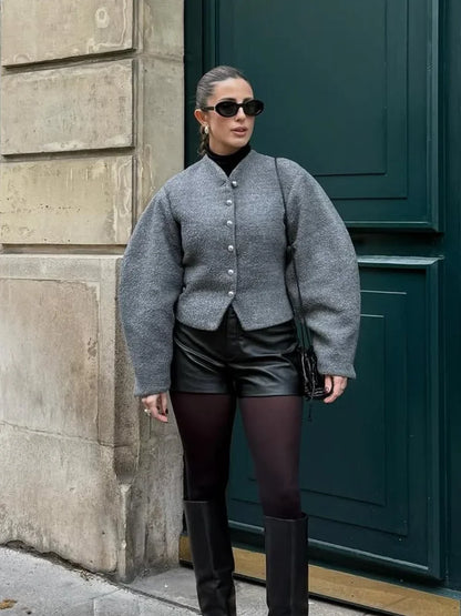 2025 Women's Burgundy Woolen Coat – Fashion Stand Collar, Puff Sleeves, Oversized Elegant High Street Jacket
