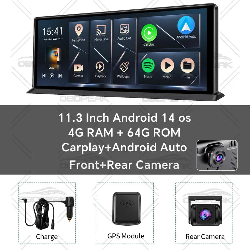 K60 Pro 11.3" Dash Cam — Android 14 AI Screen with 4G+64G, WiFi, GPS, CarPlay & Android Auto Rearview Mirror Recorder