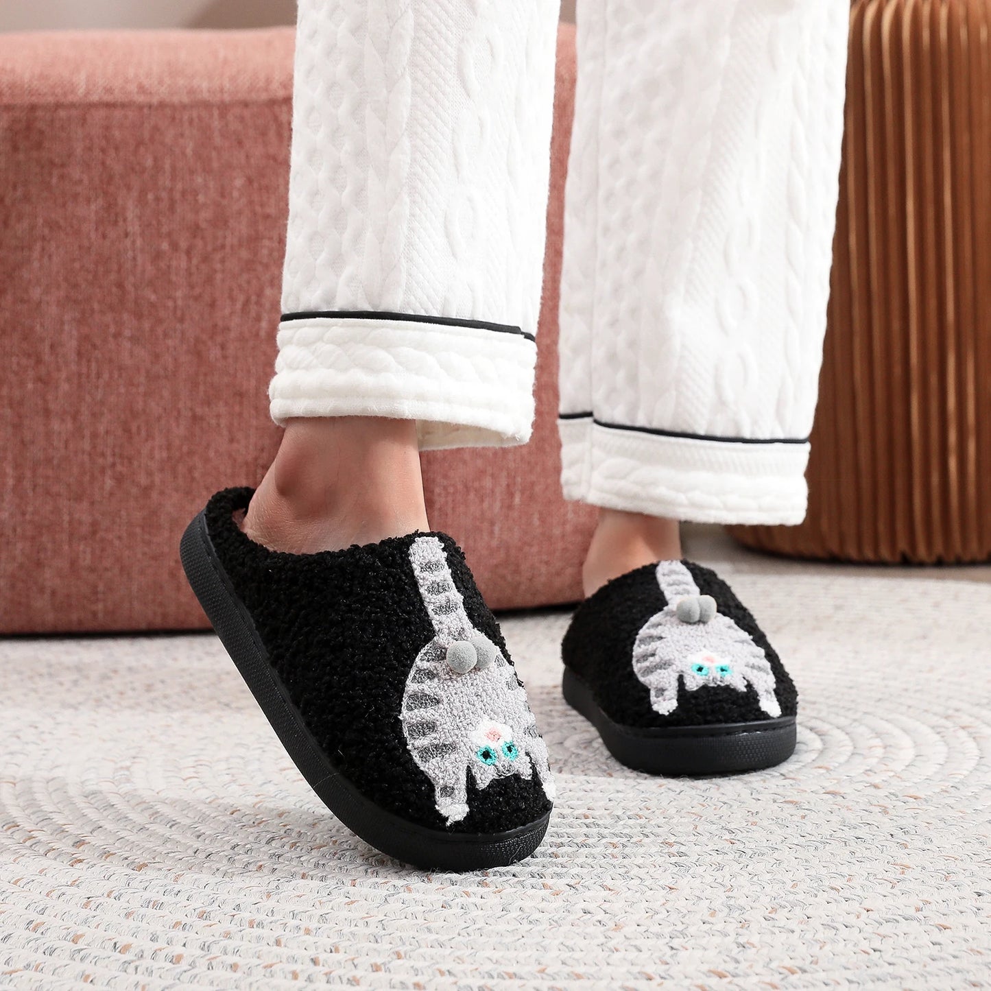 Embroidered Cat Plush Slippers - Warm Thick-Sole Non-Slip Indoor House Shoes for Men & Women