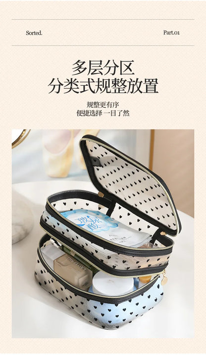 Double-Layer Black Mesh Cosmetic Bag – Large Capacity Travel Makeup Case Organizer with Zipper Toiletry Pouch