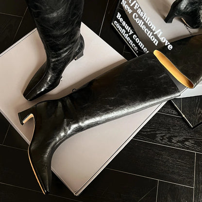Women’s Genuine Leather Knee-High Boots – 5.5cm Thin Heel, Square Toe Slip-On Autumn Long Boots