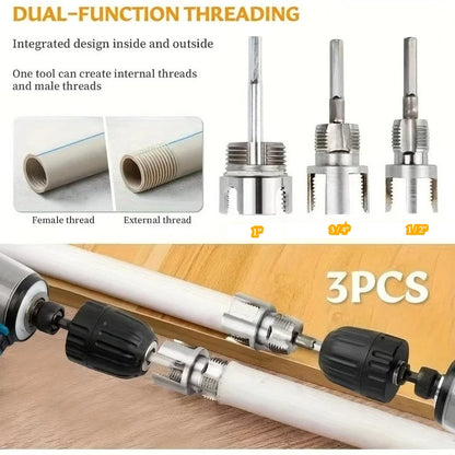 3-Piece Heavy-Duty Carbon Steel Pipe Threading Kit – 1/2” 3/4” 1” Male & Female Threads for PVC, PPR & MPP Pipes