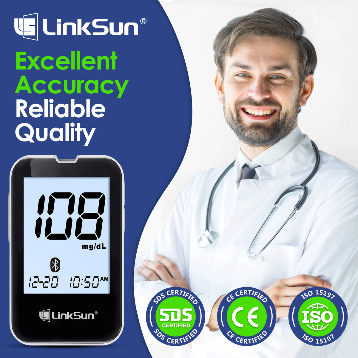 LinkSun G-427B Bluetooth Blood Glucose Meter Kit - Digital Diabetes Monitor with Large Display and 50 or 100 Test Strips