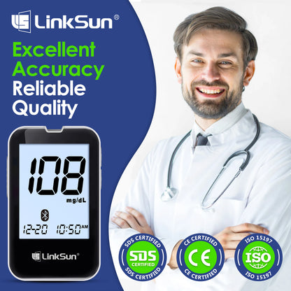 LinkSun G-427B Bluetooth Blood Glucose Meter Kit - Digital Diabetes Monitor with Large Display and 50 or 100 Test Strips