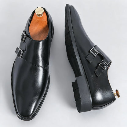 Men’s Retro Monk Strap Dress Shoes - Pointed Toe Leather Oxfords for Business, Office & Wedding