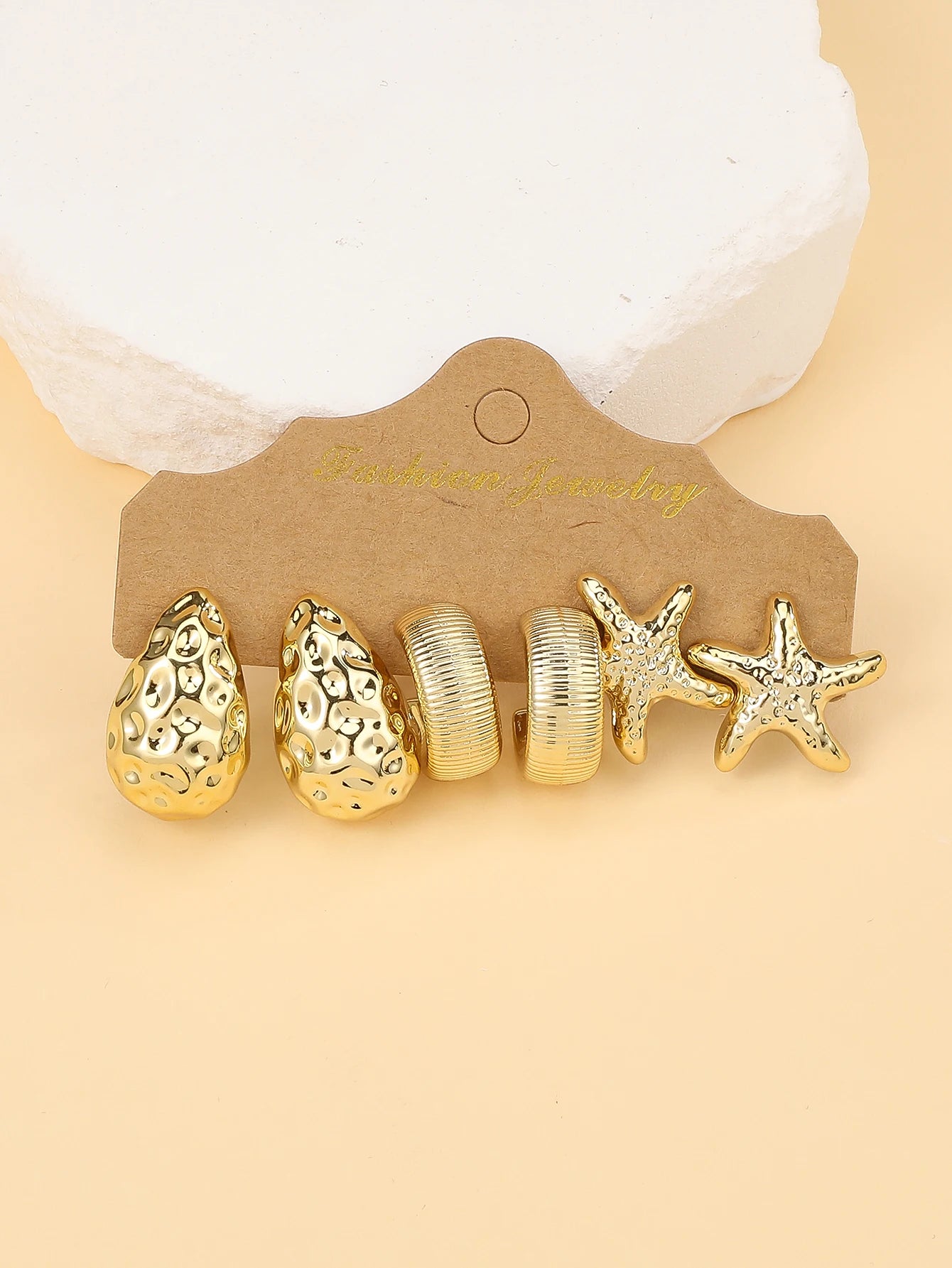 3–6 Pair Fashion Earrings Set – Gold Starfish, Seashell, Water Drop & C-Shape Textured Earrings for Travel & Vacation Style Jewelry