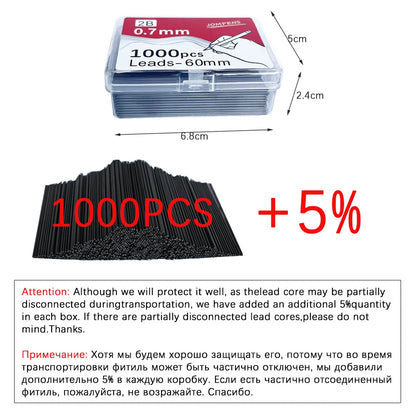 1000pcs Mechanical Pencil Lead Refills - 0.5 0.7 0.9mm 2B 60mm Art Drawing Automatic Pencil Replacement with 2 Tubes - Stationery