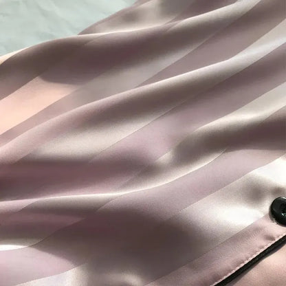 Women's Plus Size Satin Pajamas Set – Elegant Striped Long Sleeve Button-Up Top and Pants Loungewear