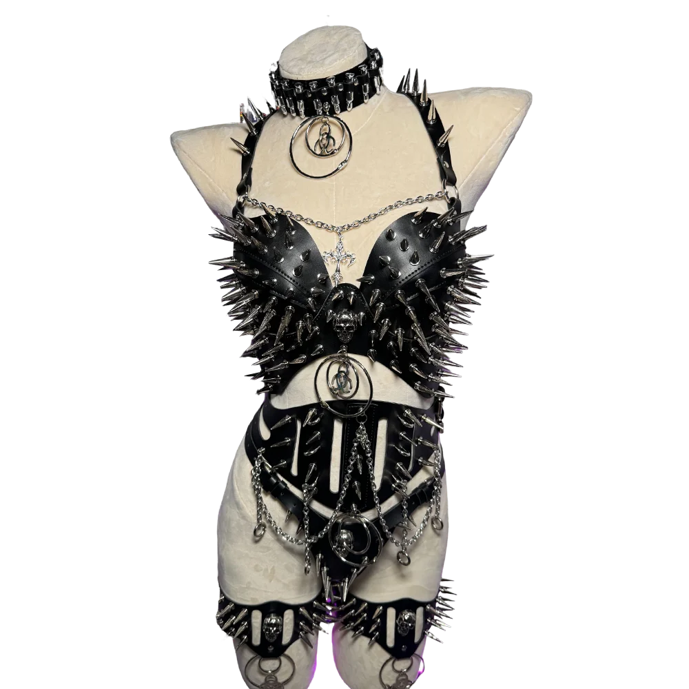 Y2K Gothic Punk Halter Top - Spiked Studded Chain Grunge Emo Rave Festival Style