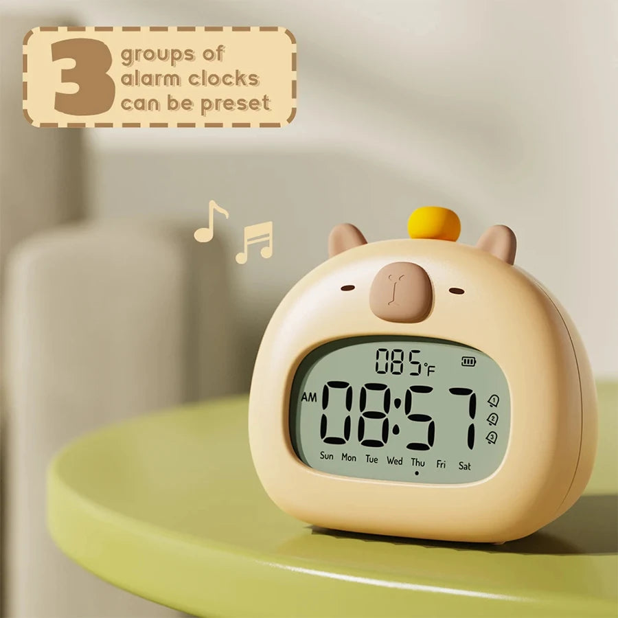 Capybara LED Digital Alarm Clock - Rechargeable Bedside Lamp with Timer, Dimmable Light & USB Charging, Kids Gift