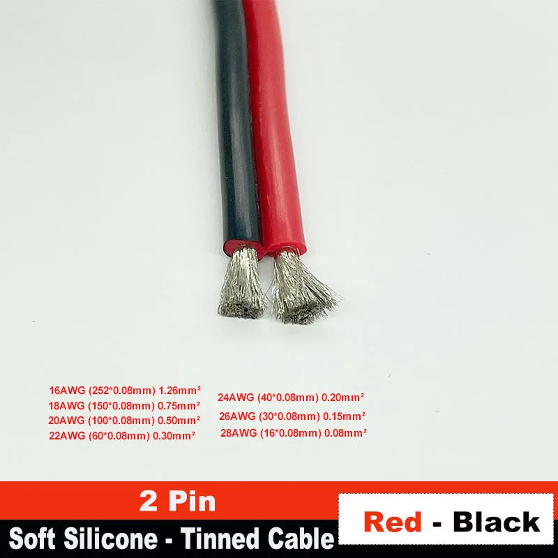 2-Pin Red & Black Extension Cable – PVC/Silicone Tinned Copper Wire (16–28 AWG)