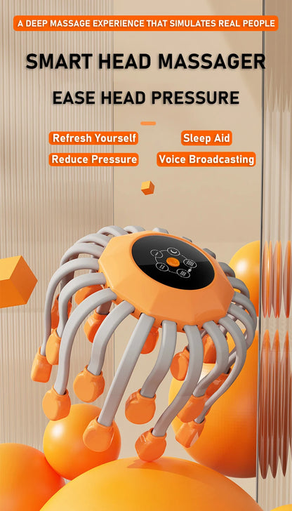 20-Head Orange Scalp Massager – Red Light Vibrating Octopus Scratcher for Relaxation, Stress Relief & Migraine Relief