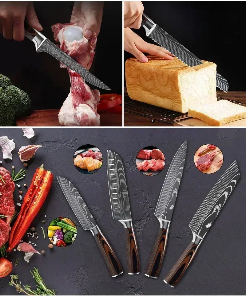 Laser Damascus Kitchen Knife Set – Cleaver, Meat, Fruit, Bread, Boning Knife and Chicken Scissors for Barbecue and Home Cooking