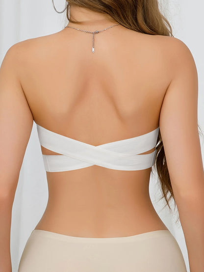 Strapless Bra with Side Clasps – Nylon Knit Fabric, Removable Padding & Crisscross Strap Details
