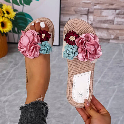 Women’s Multi-Color Flower Flat Slippers – Fashionable, Lightweight, Non-Slip Sandals for Beach, Vacation & Students