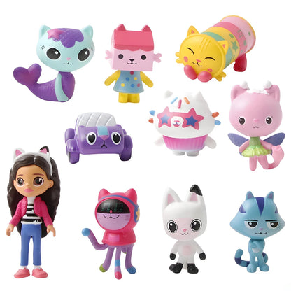 Anime Cartoon Figure Set - 10pcs Cute Smiling Cat Car Hug Dolls, Collectible Toys & Birthday Gifts