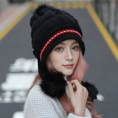 Cozy Knit Fleece Beanie with Ear Flaps & Pompom — Warm Winter Hat for Women, Ideal for Skiing & Outdoors