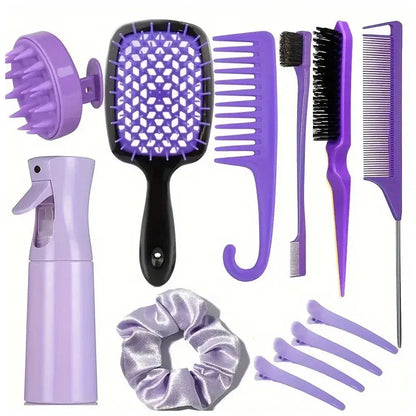 12PCS Hairstyling Comb Set – Tail Comb, Hair Spray Bottle, Loop Weaving Tool, Shampoo Brush & Salon Styling Tools
