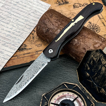 Damascus Folding Knife - Ebony Handle Portable Camping & Hiking Utility Knife