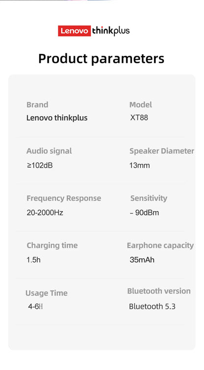 Lenovo XT88 TWS Wireless Earphones – Bluetooth 5.3, Dual MIC, Stereo Bass HIFI, Noise-Reducing Touch Control Earbuds