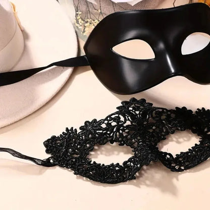 Black Lace Masquerade Mask Set - 2-Piece Elegant Venetian, Mardi Gras & Halloween Party Masks