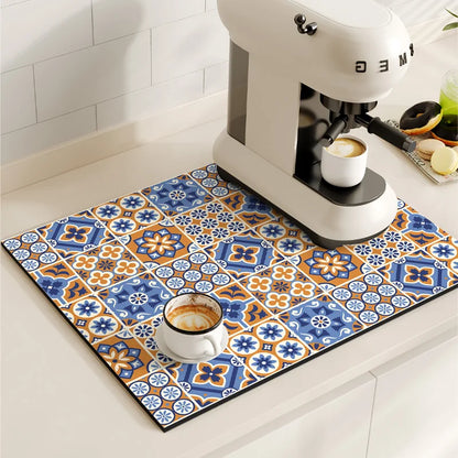 Retro Coffee Maker & Dish Drying Mat – Non-Slip, Quick-Dry Kitchen Placemat for Tableware, Washable