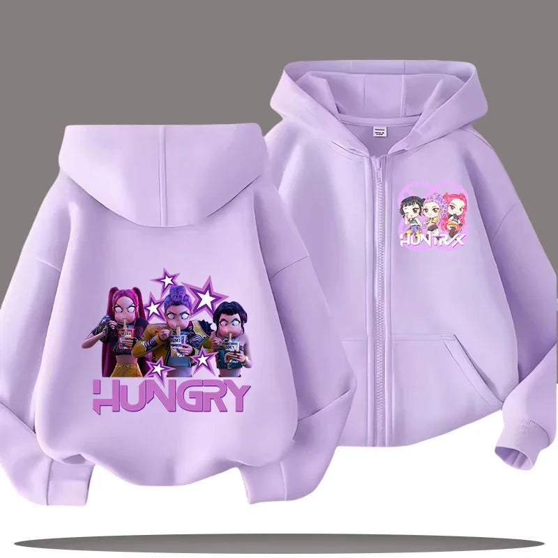 Funny Kpop Demon Hunters Zip-Up Sweatshirt – Kids Hoodie for Girls & Boys, Casual Zipper Hoody Top