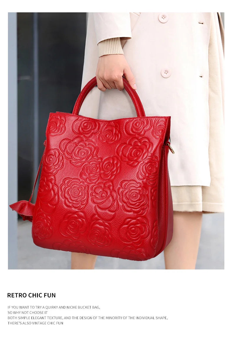 Classic Embossed Women’s Leather Bag — Large Capacity Top Cowhide Crossbody Purse