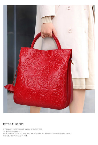Classic Embossed Women’s Leather Bag — Large Capacity Top Cowhide Crossbody Purse