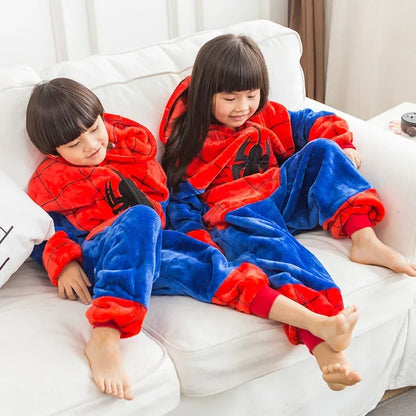 Children's Spider Red Pajamas Set – Flannel Hooded Cosplay Kigurumi Sleepwear for Boys & Girls