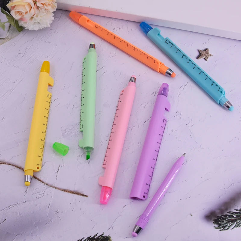 6-Piece 5-in-1 Multifunctional Ballpoint Pens - Ruler, Stylus, Phone Holder & Highlighter Set for School & Office