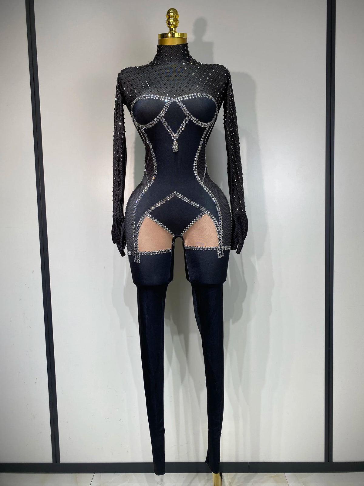 Sparkly Diamond Mesh Jumpsuit for Women - Sexy Rhinestone Nightclub, Stage Performance, Go-Go Dancer, and Drag Queen Costume