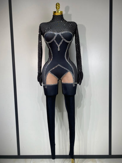 Sparkly Diamond Mesh Jumpsuit for Women - Sexy Rhinestone Nightclub, Stage Performance, Go-Go Dancer, and Drag Queen Costume
