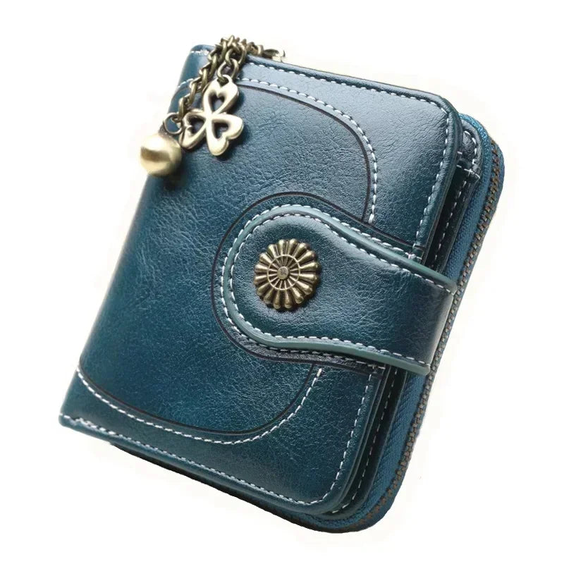 Women’s PU Leather Wallet — Short Hasp Coin & Card Holder, Small Money Bag Clutch in Blue & Red