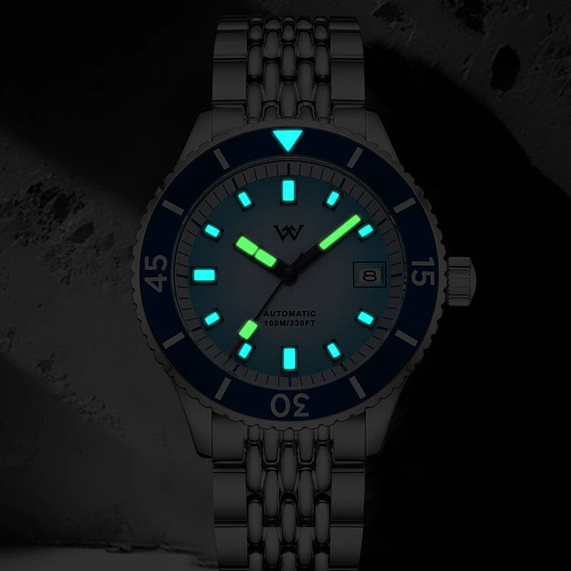 WM Welly Merck Automatic Mechanical Watch for Men — Sparkle Grain Gradient Dial, Ceramic Bezel, NH35, AR Coating, 100M WM212