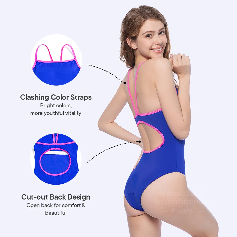 Teen Menstrual Swimsuit - Reusable One Piece Period Swimwear with 4-Layer Leakproof Absorption Protection