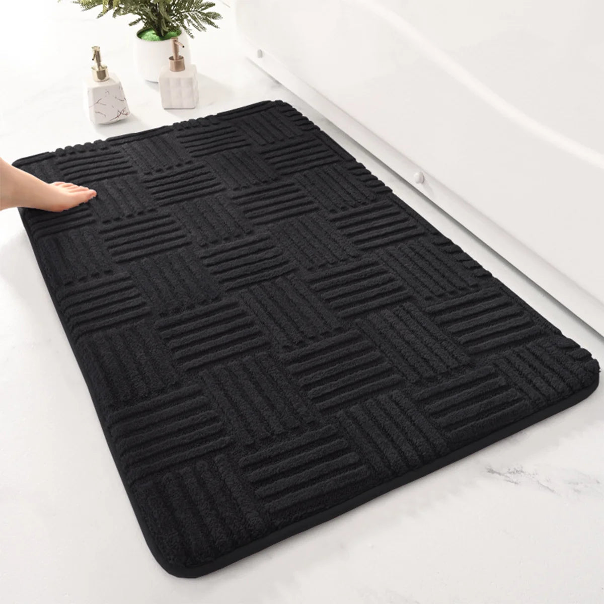 Thickened Absorbent Striped Floor Mat - Solid Color Non-Slip Cotton Velvet Bathroom & Bedroom Carpet