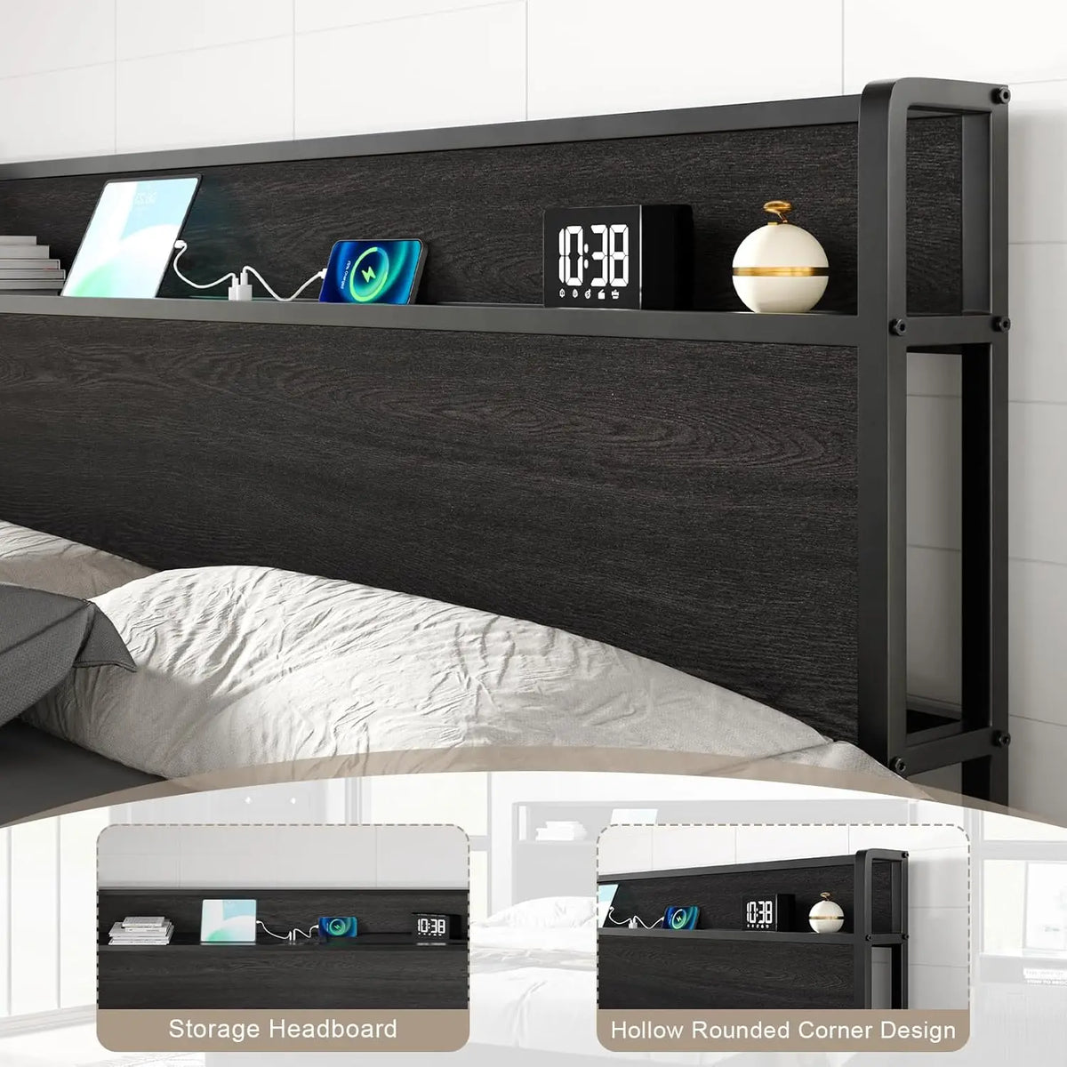 King Lift-Up Storage Bed Frame - Wooden Platform Bed with USB Charging, No Box Spring Required