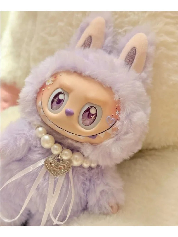 17cm Labubu Macaron Sitting Party Ornament — DIY Cute Plush Pendant with Pearl Necklace & Alloy Chain Accessory