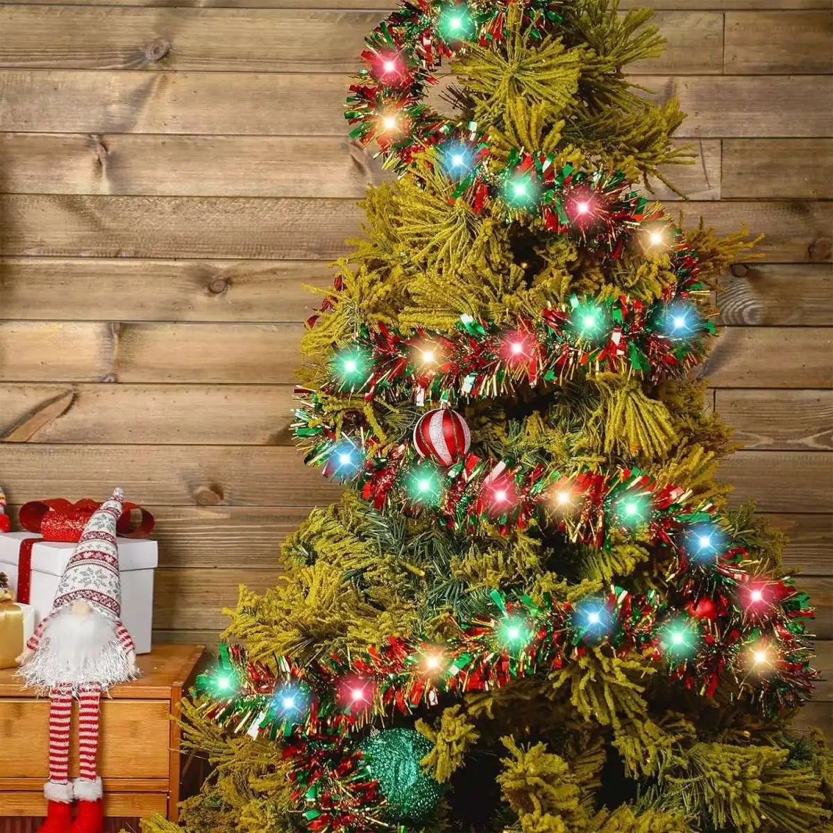 Christmas Tinsel Garland with LED Lights – Shiny Thick Garland for Tree & Home Decor