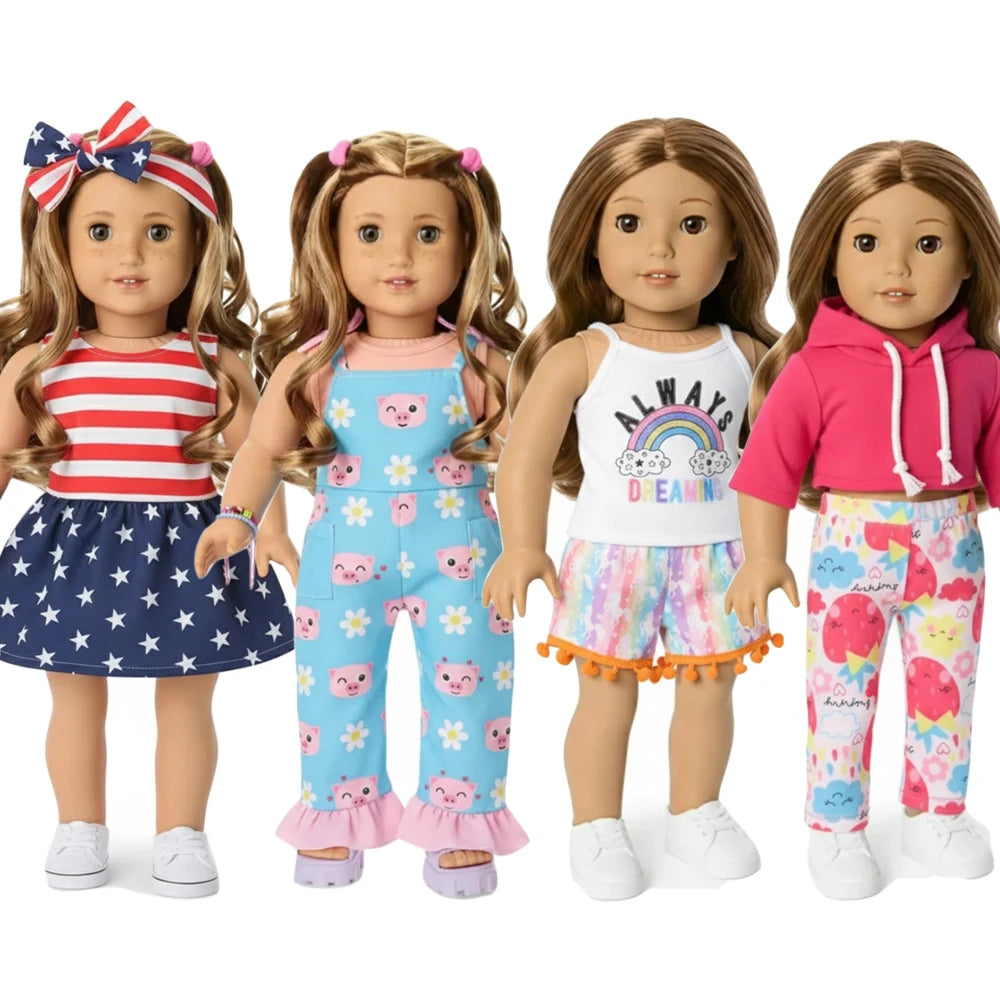 4-Piece Doll Clothes Set – Daily Pretty Dresses, Top & Pants for 43cm Born Baby Dolls & 18-Inch American Dolls, Festival Gift for Girls