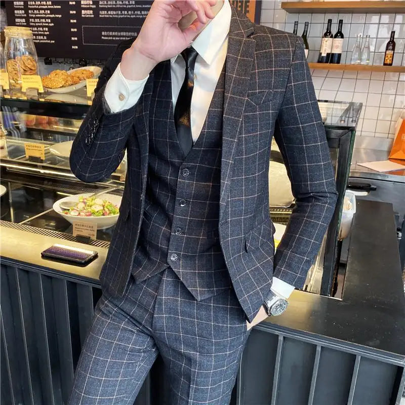 Men’s British Style 3-Piece Suit Set - Slim Fit Vest & Trousers Formal Banquet Fashion Ensemble