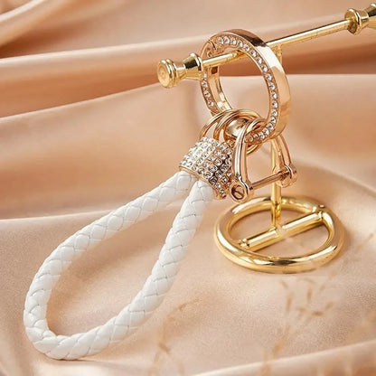 Handcrafted Braided Rope Keychain – Sparkling Rhinestone Car Key Ring, Stylish Monochrome Fashion Accessory
