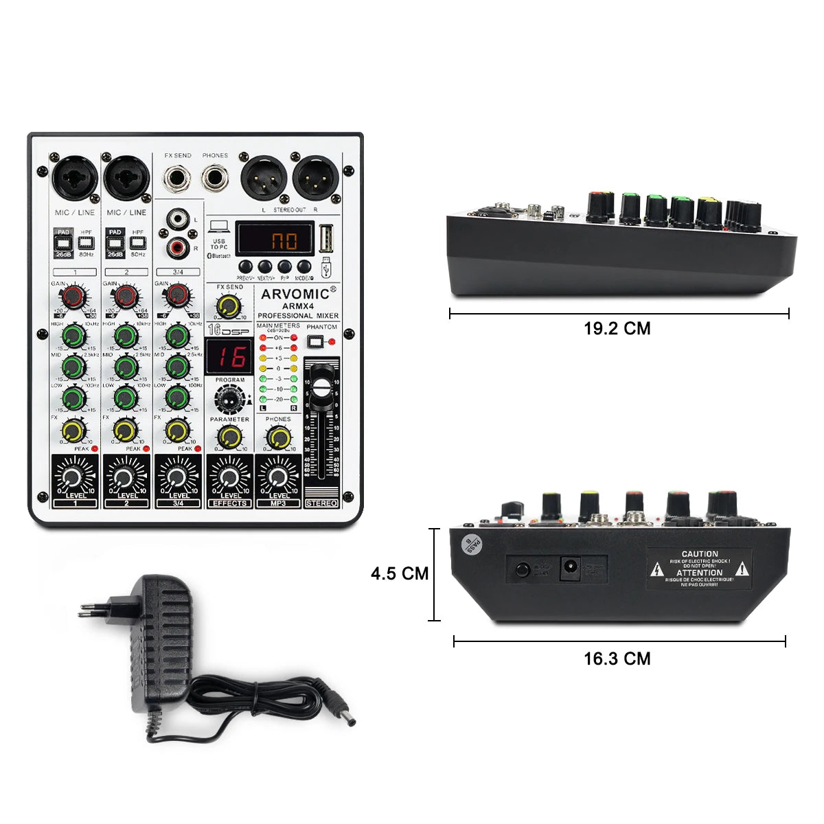 ARVOMIC 4-Channel DJ Audio Mixer – USB Interface, Bluetooth, 16 DSP Effects & 3-Band EQ (ARMX-4)