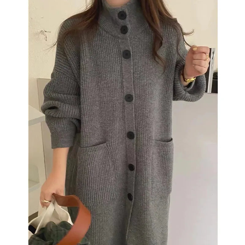 Women's High Neck Knitted Cardigan – Single Breasted Long Sleeve Mid-Length Sweater Jacket for Spring & Autumn