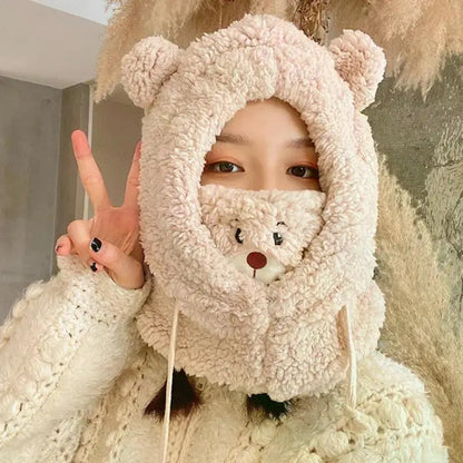 Winter Cartoon Bear Lamb Hat with Mask – Thickened Warm Beanie with Ear Protection for Women & Girls