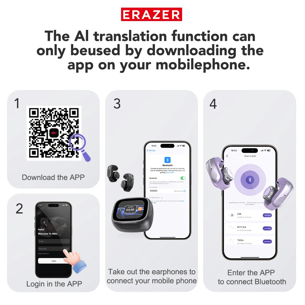 ERAZER XF28 Bluetooth V6.0 Translator Earbuds — True Wireless Open-Ear Earphones for Travel, Office & ASMR with Translation App