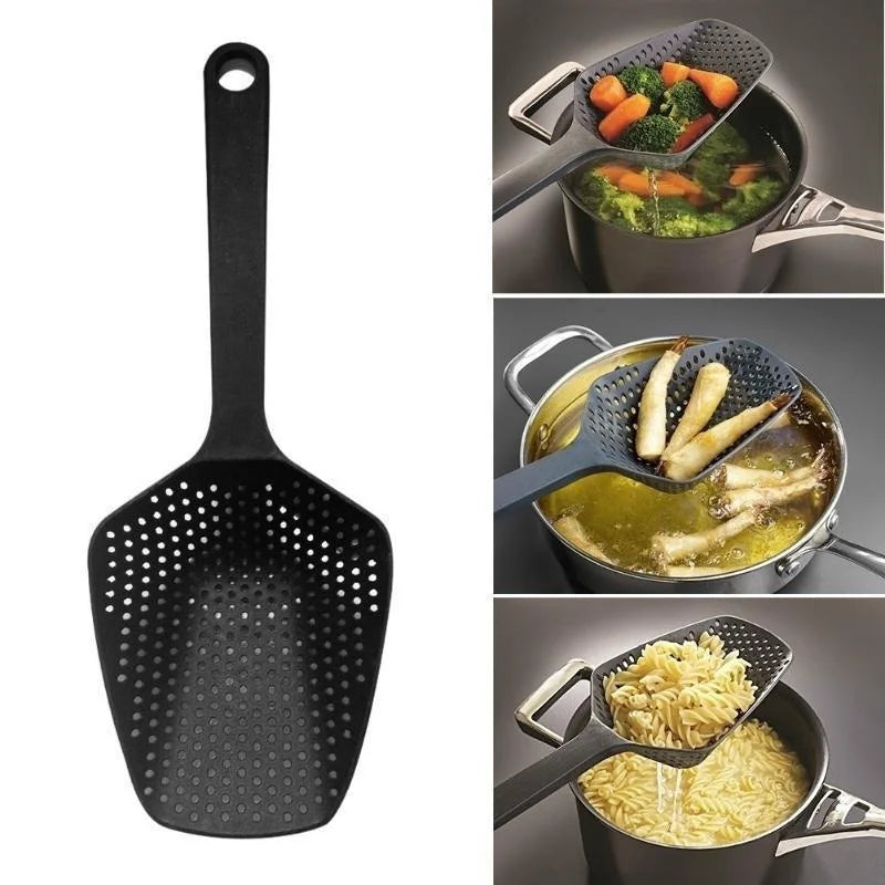 Scoop Colander Kitchen Strainer — Nylon Slotted Skimmer with Handle for Food Draining, Cooking, and Baking