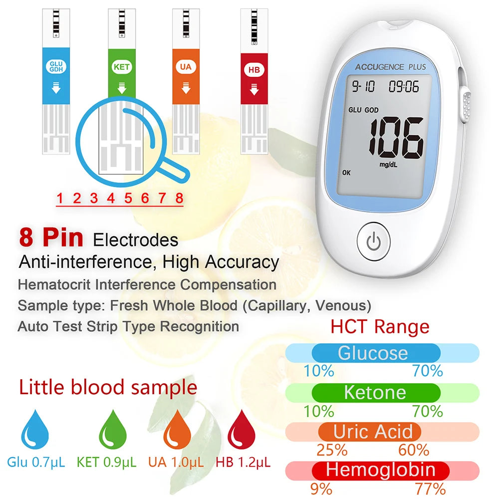 ACCUGENCE Multifunctional Test Strips - Blood Glucose, Ketone, Hemoglobin and Uric Acid Testing for PM800/PM900 Monitors