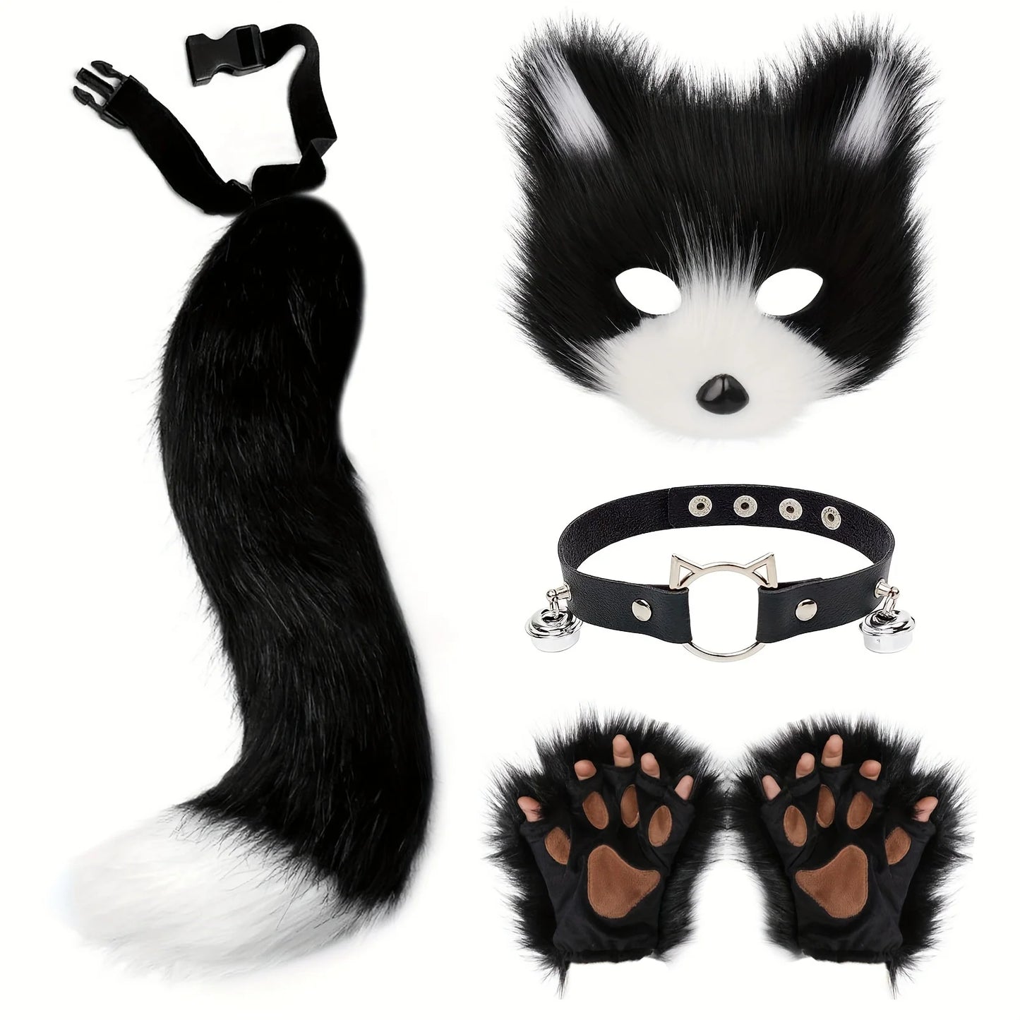 5pcs Fluffy Fur Fox Tail & Cat Paws Gloves Set — Wolf Mask Halloween Cosplay Costume Accessories for Theme Party Dress-Up